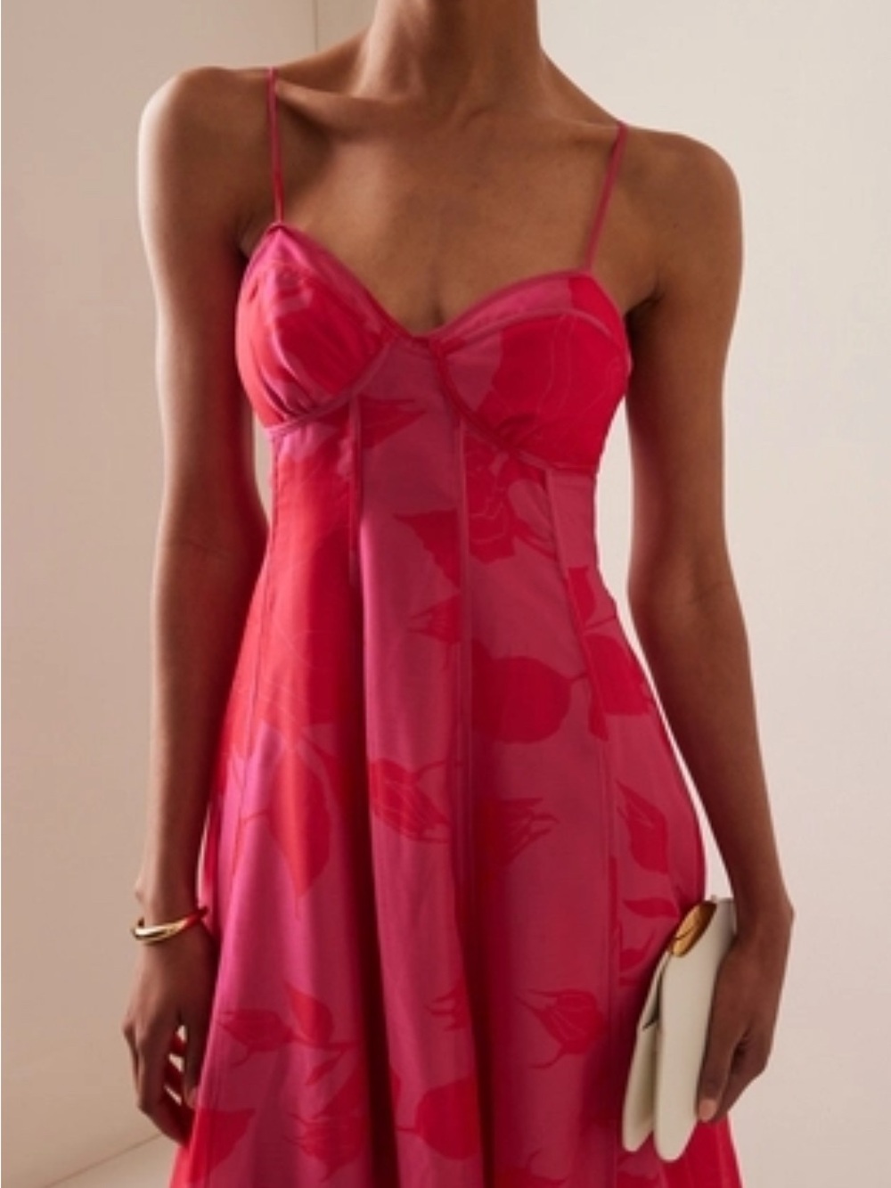 AJE Sway Paneled Red & Pink Fluorescent Rose Spaghetti Strap Midi Dress 8